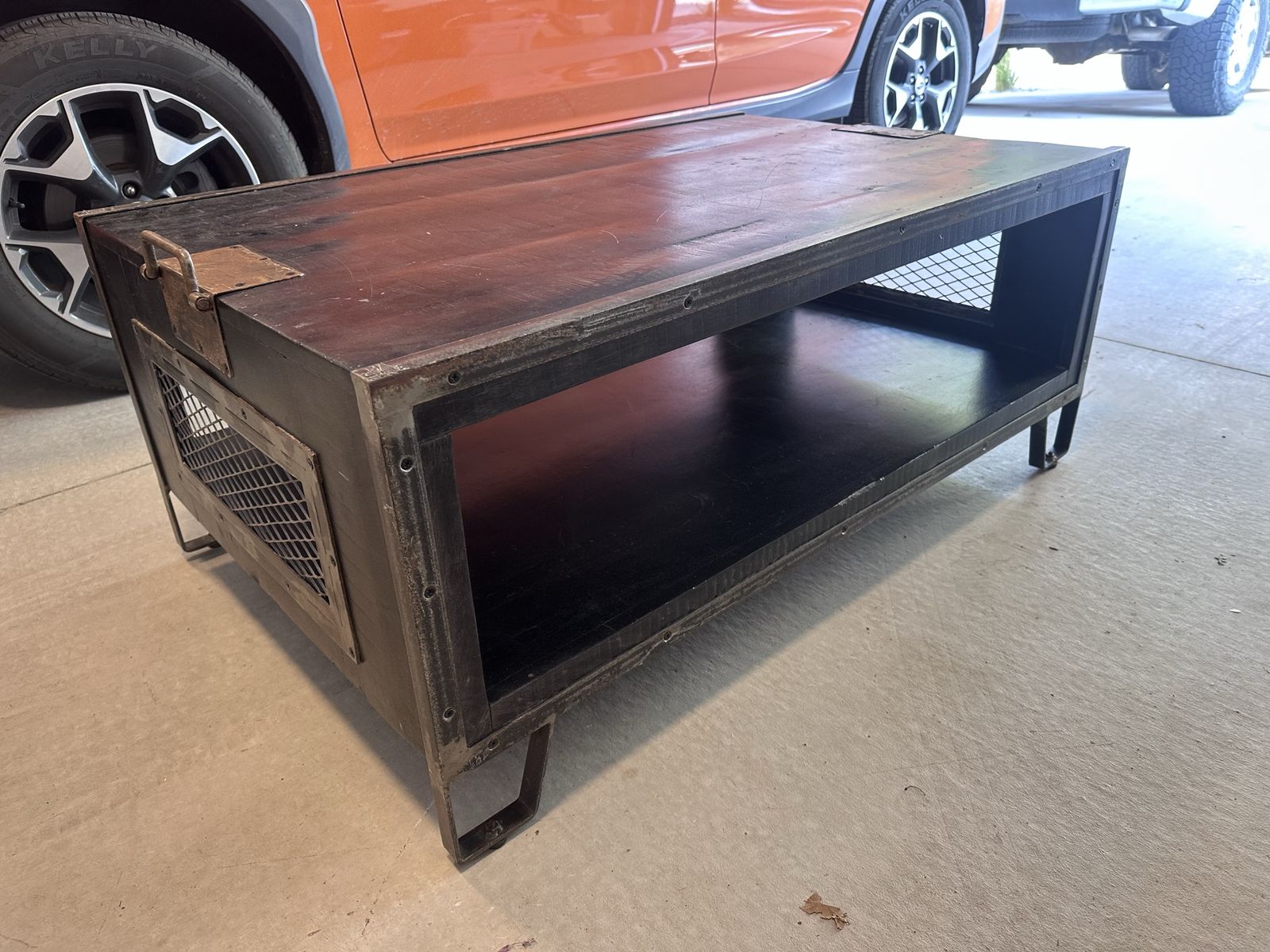 Industrial Rustic Dark Wood and Metal Frame Coffee Table with Open Storage