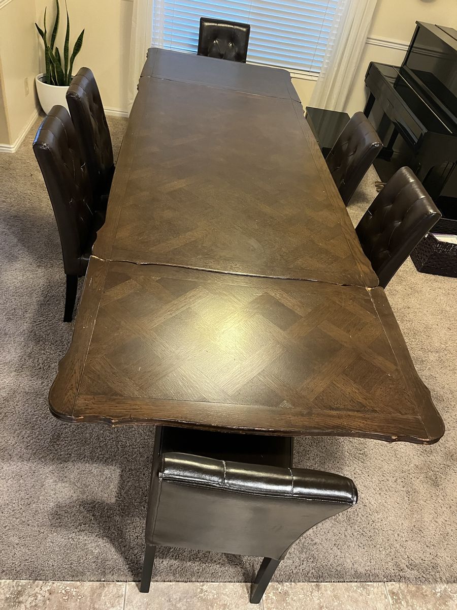 Dining Table with 6 Chairs - Extendable Dark Wood Parquet Top Dining Set