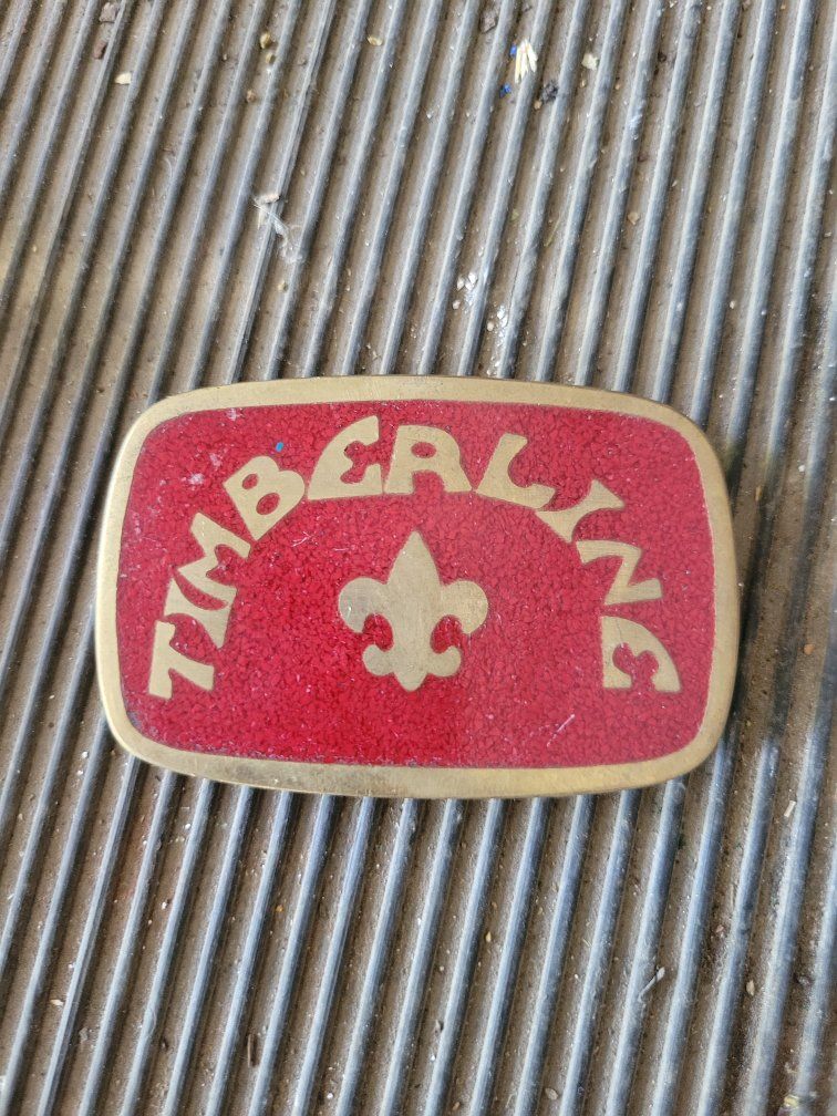 Vintage Timberline Boy Scouts Fleur-de-lis Brass & Red Belt Buckle