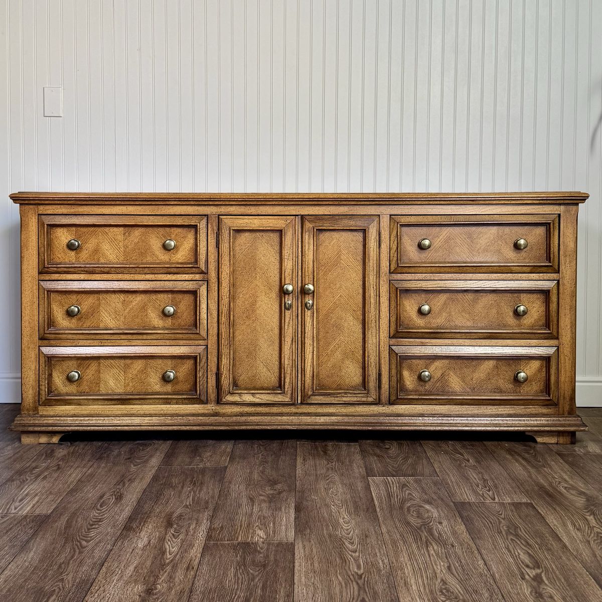 Vintage Parquet Herringbone Mediterranean-Style Dresser