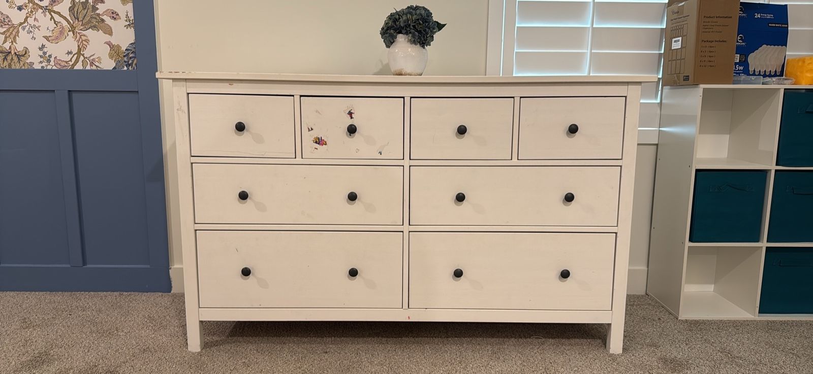 IKEA White Multi-Drawer Dresser with Round Black Knobs