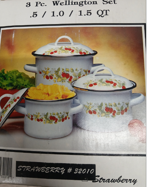 Wellington Strawberry 3 Pc. Enamel Cookware Set - .5, 1.0, 1.5 QT Pots with Lids #32010-Extras
