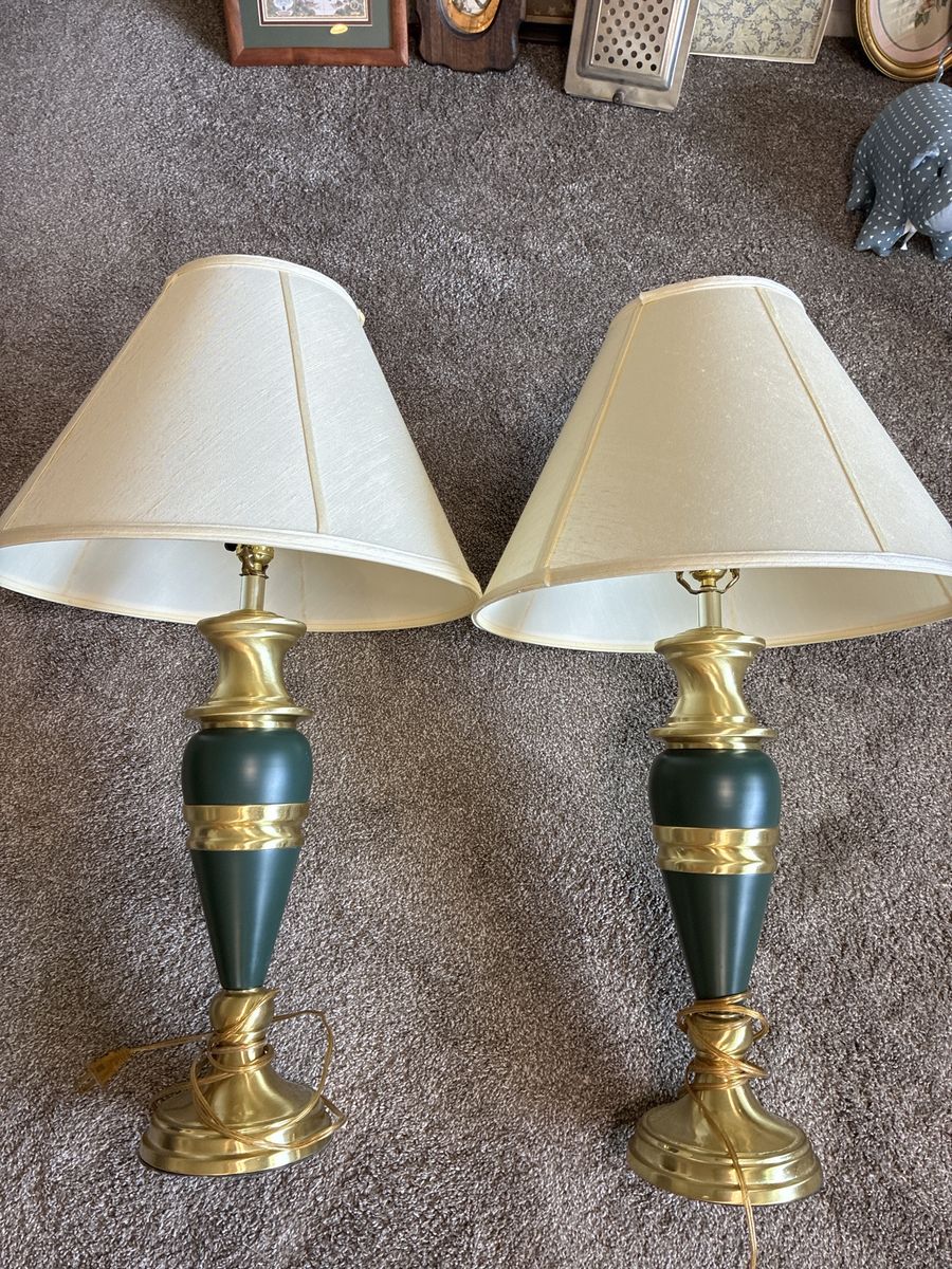 Pair of Vintage Brass and Dark Green Table Lamps with Cream Shades