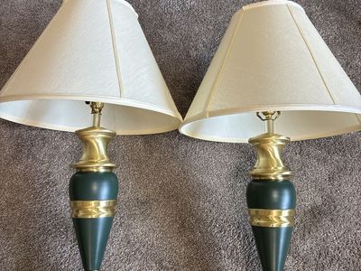 Pair of Vintage Brass and Dark Green Table Lamps with Cream Shades
