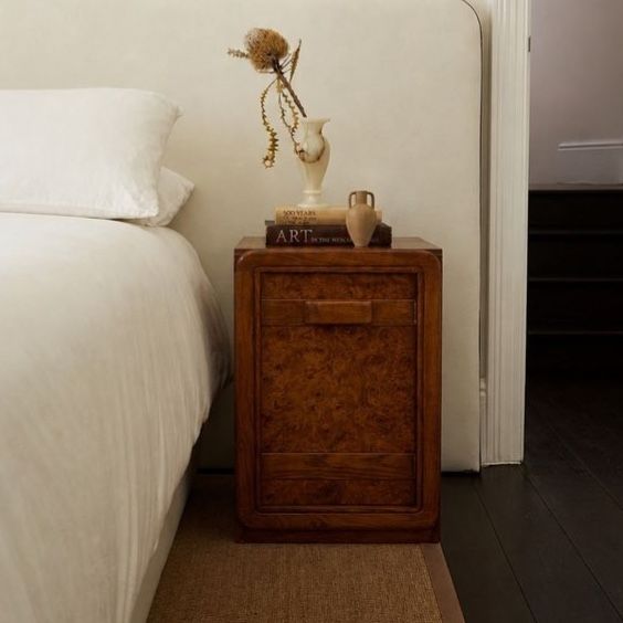 Pair of Burl Nightstands Bedside Tables w/Rounded Edges by Lea Furniture