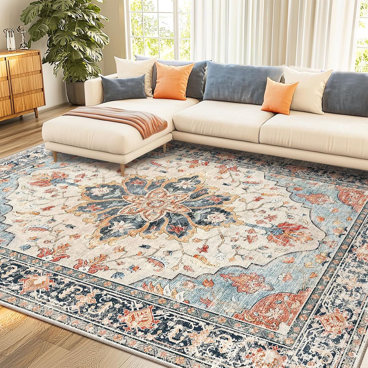 NEW 8'x10' Washable Non-Slip, Floral Vintage Distress Print Pattern Medallion Carpet Beige Navy Blue Orange
