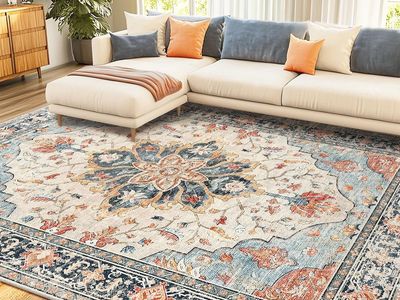 NEW 8'x10' Washable Non-Slip, Floral Vintage Distress Print Pattern Medallion Carpet Beige Navy Blue Orange
