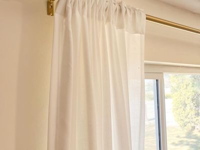 New in box never used Adjustable Gold Curtain Rod 30"-150" with Brackets & Rings - Drapery Hardware