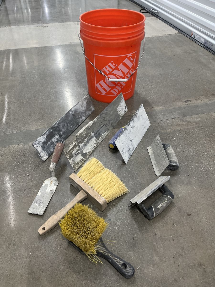 Used Drywall/Masonry Tool Set with Home Depot Bucket - Trowels, Brushes, and More