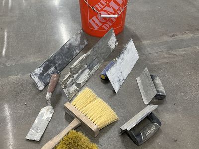 Used Drywall/Masonry Tool Set with Home Depot Bucket - Trowels, Brushes, and More