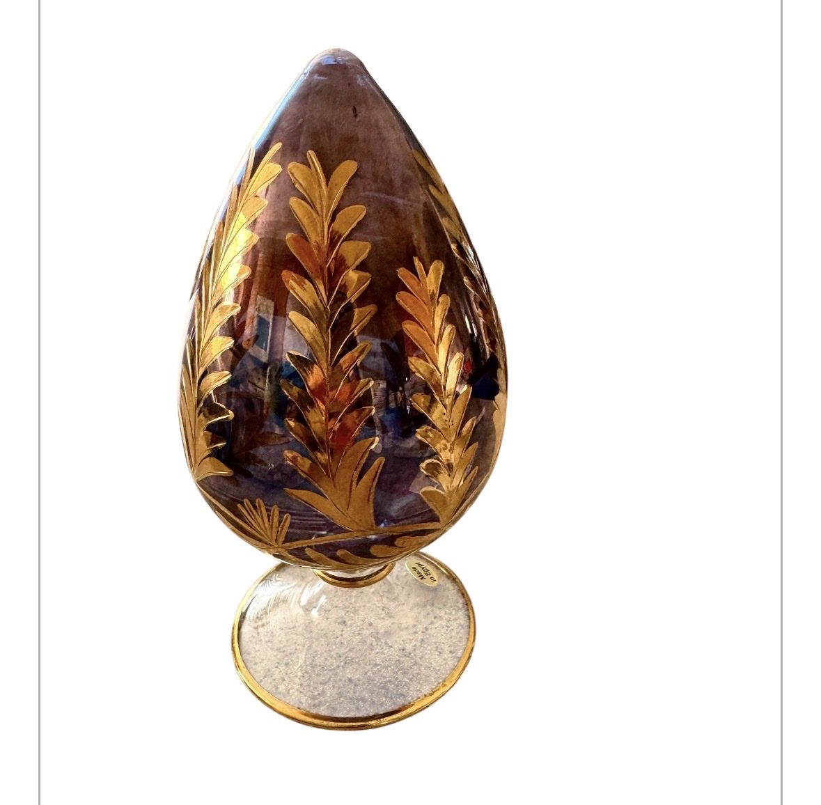 Hand-Blown Art Glass Egg Figurine on Pedestal Gold Leaf Egyptian Decoration