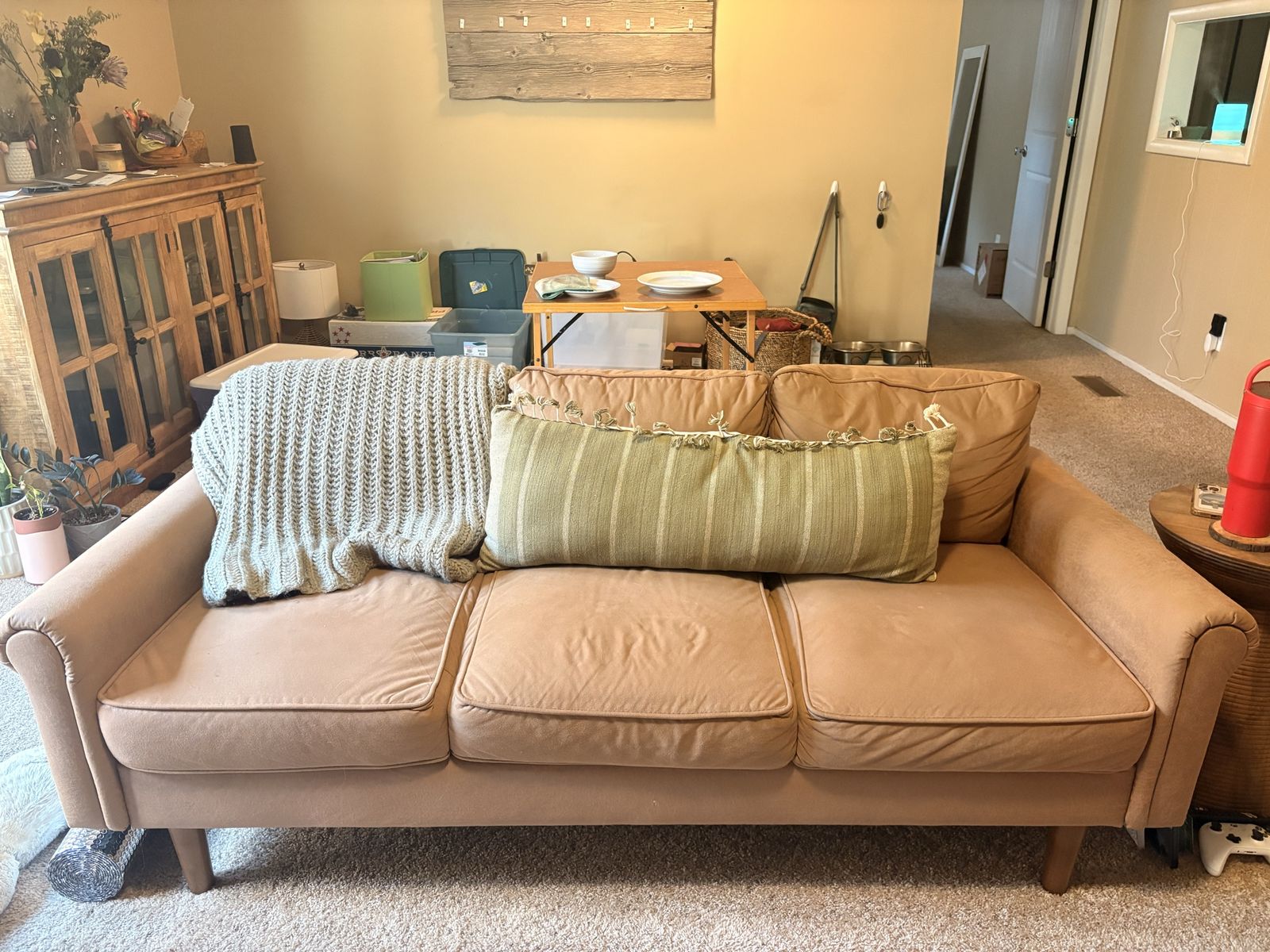 Used 3-Seater Sofa in Tan/Beige Fabric - Mid-Century Modern Style Couch