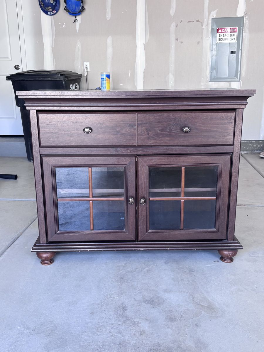 Dark Wood Cabinet with Glass Doors and 2 Drawers - Used