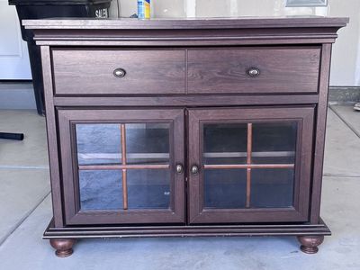 Dark Wood Cabinet with Glass Doors and 2 Drawers - Used