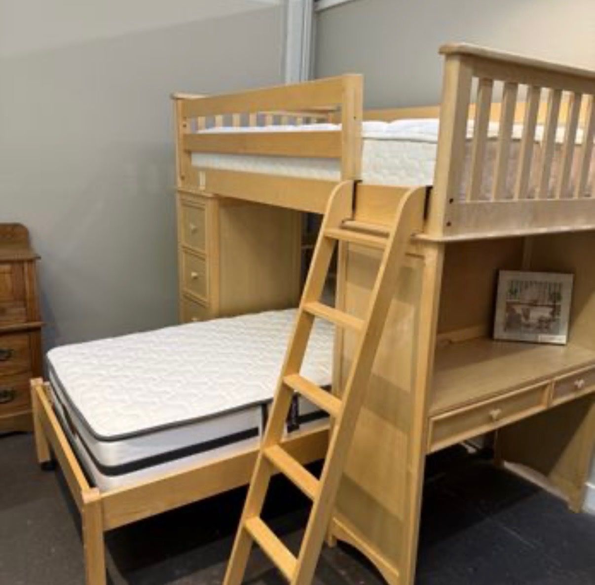 Solid Wood Single Loft Bunk Bed with Desk, Dresser & Bookshelves - Space Saving Kids Furniture