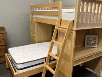 Solid Wood Single Loft Bunk Bed with Desk, Dresser & Bookshelves - Space Saving Kids Furniture