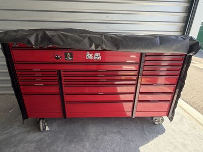 72" 22-Drawer Triple-Bank Masters Series Roll Cab (Red) Stainless Steel Top with Protective Cover