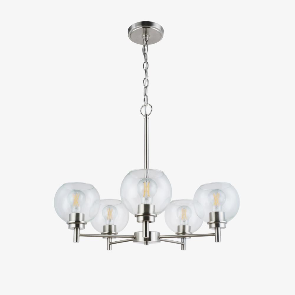 Modern 5 Light Chandelier Nickel Finish Clear Round Glass