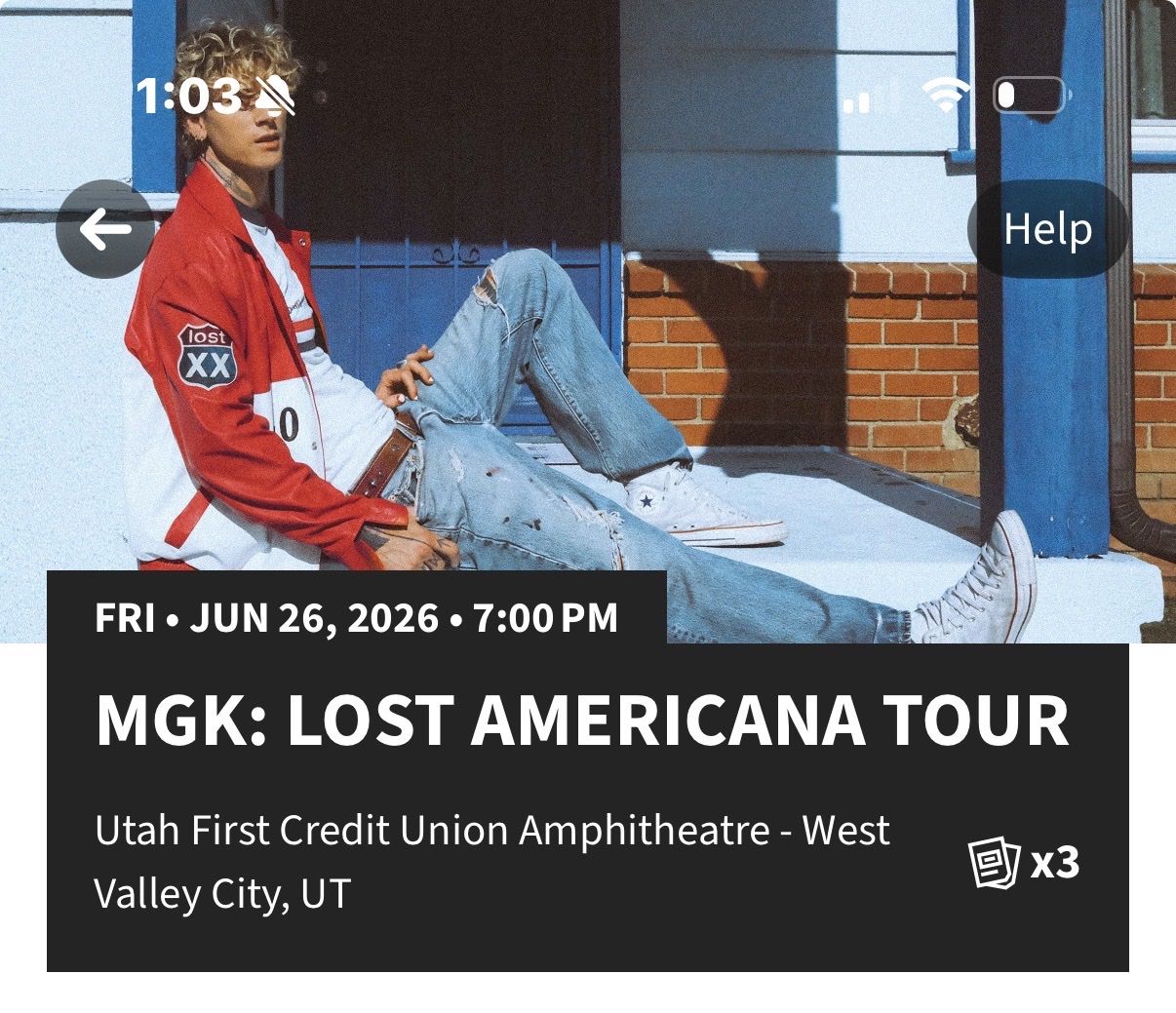 MGK: Lost Americana Tour - 3 Tickets, Section 306, Row V (Seats 19, 20, 21) - Utah First CU Amphitheatre