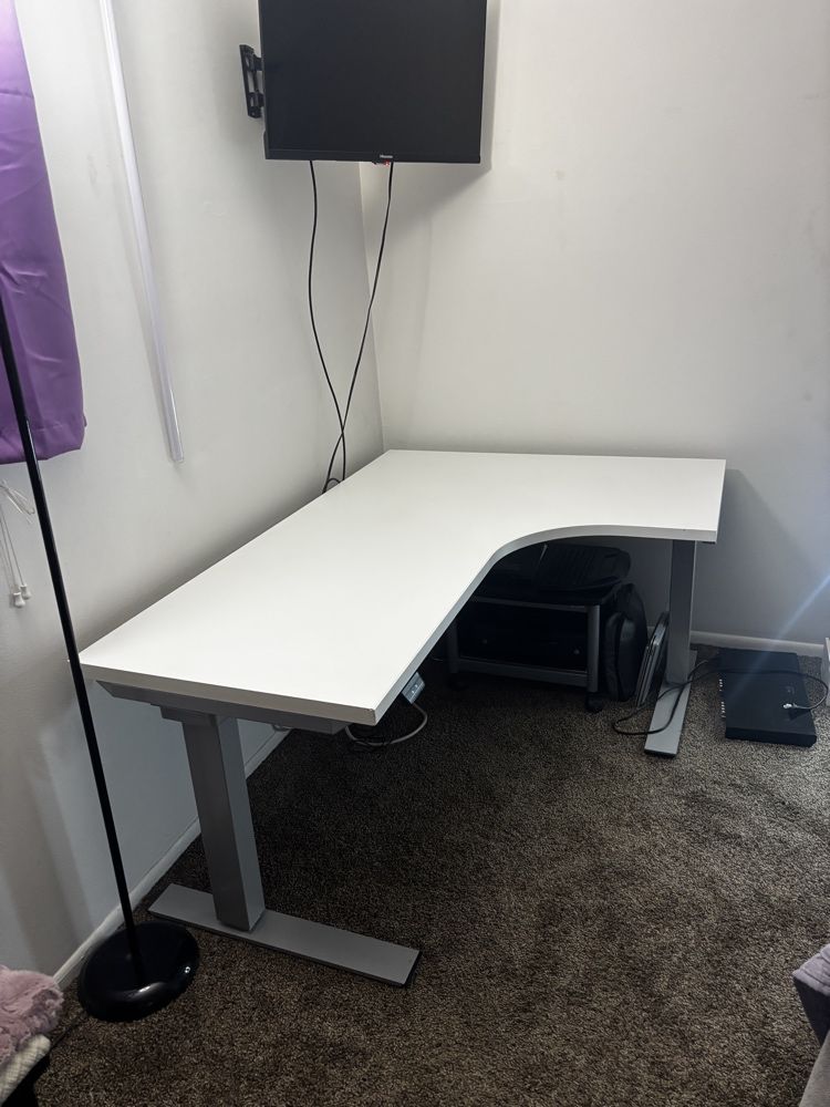Sit-Stand Desk Corner Electric Grey Frame White (Gaming/Work etc.)