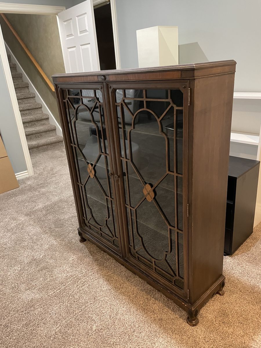 Antique - Vintage Dark Wood Display Cabinet with Glass Doors & Ornate Mullions - Adjustable Shelves