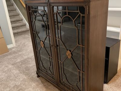 Antique - Vintage Dark Wood Display Cabinet with Glass Doors & Ornate Mullions - Adjustable Shelves