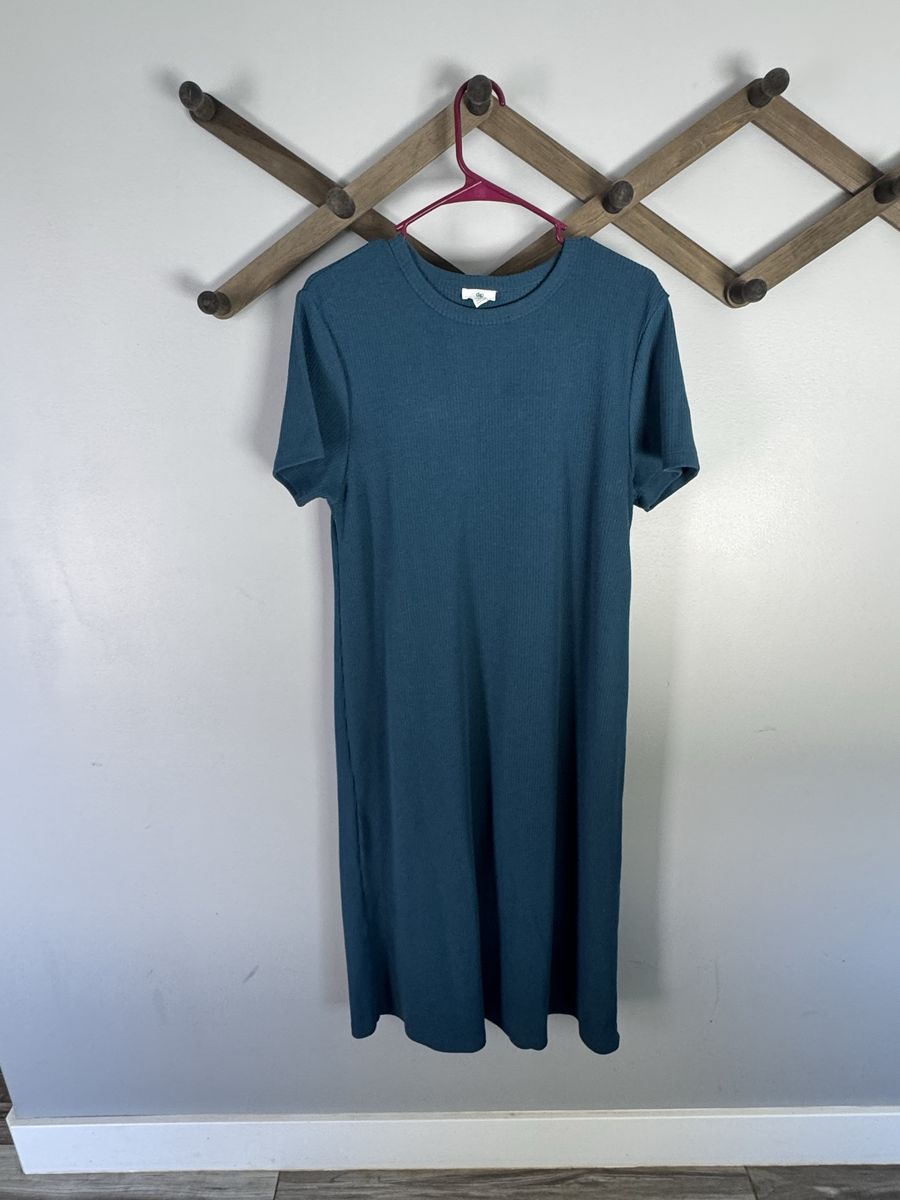 Women's Ribbed Short Sleeve Midi Dress in Teal - Size XL