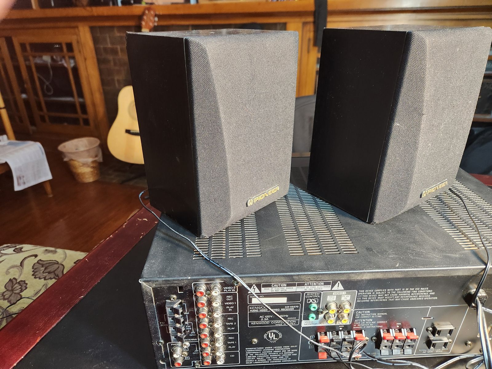 60 watt Pioneer bookshelf speakers.  Sound awesome.  Nice imitation wood veneer.