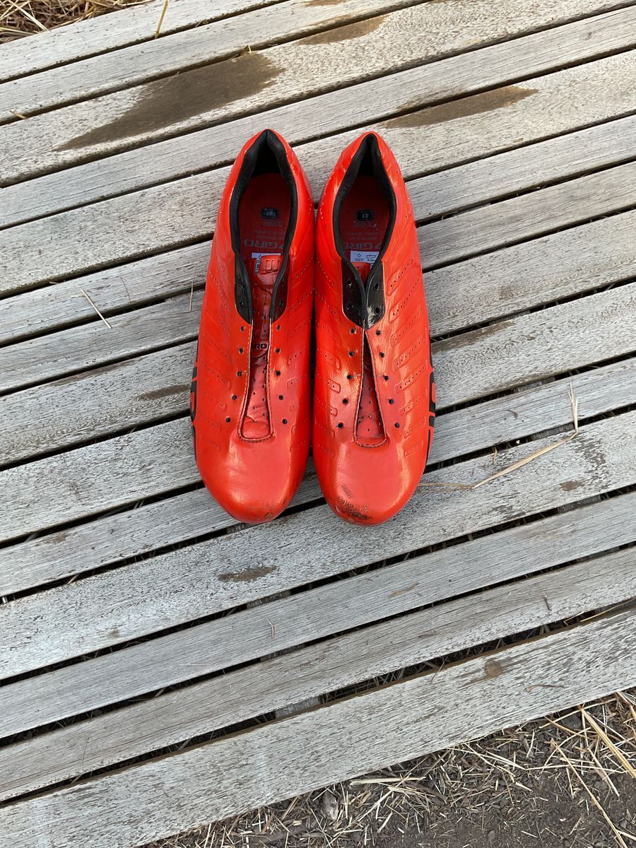 bright orange road biking shoes