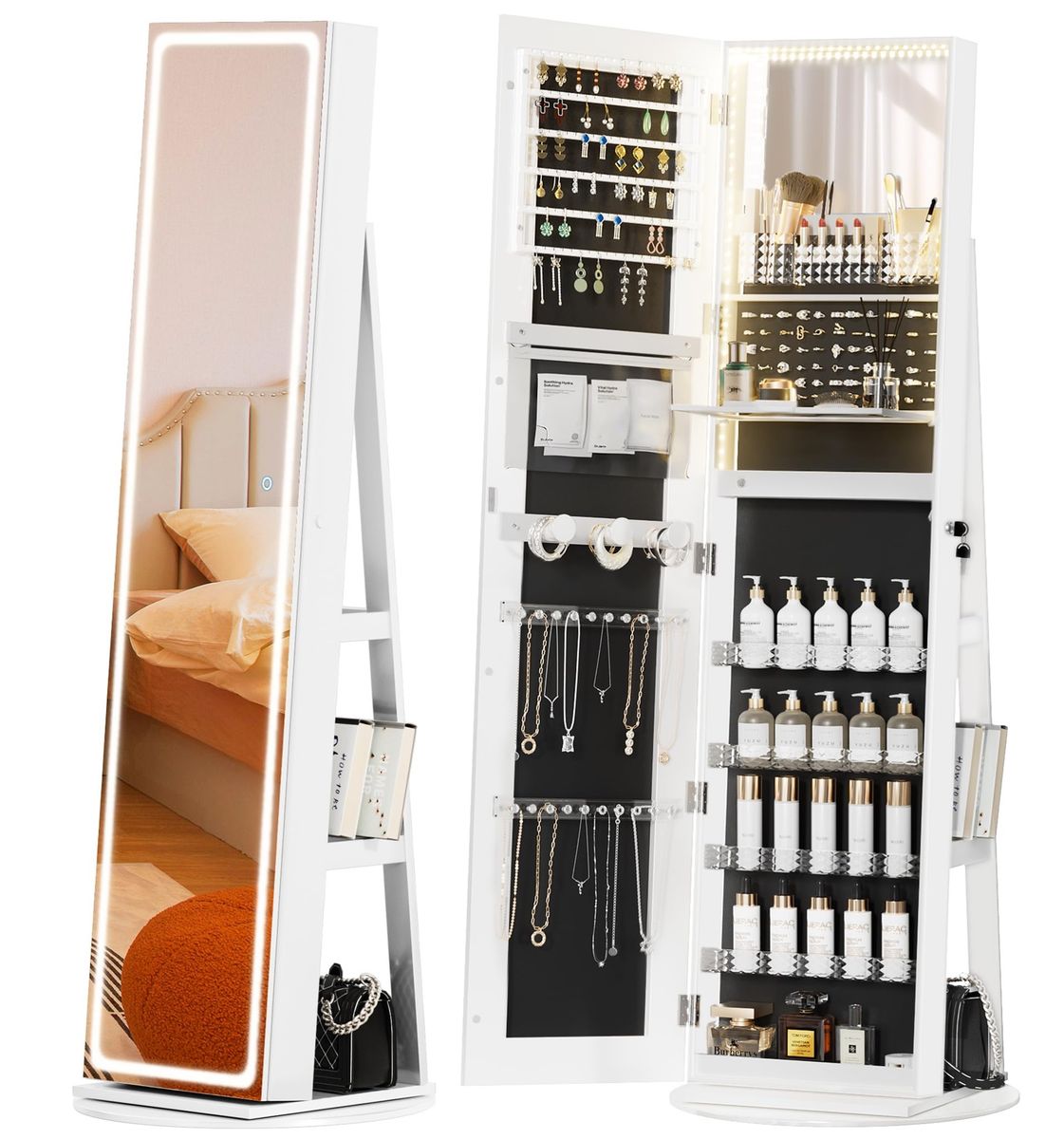 Jewelry Cabinet with Standing Mirror, Jewelry Armoire with Full Length LED Mirror and Adj light