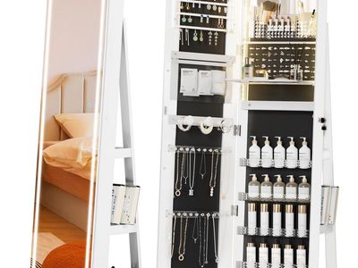 Jewelry Cabinet with Standing Mirror, Jewelry Armoire with Full Length LED Mirror and Adj light