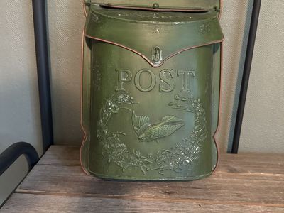 Vintage Style Green Metal Wall Mount Mailbox with "POST" Bird Embossed Design