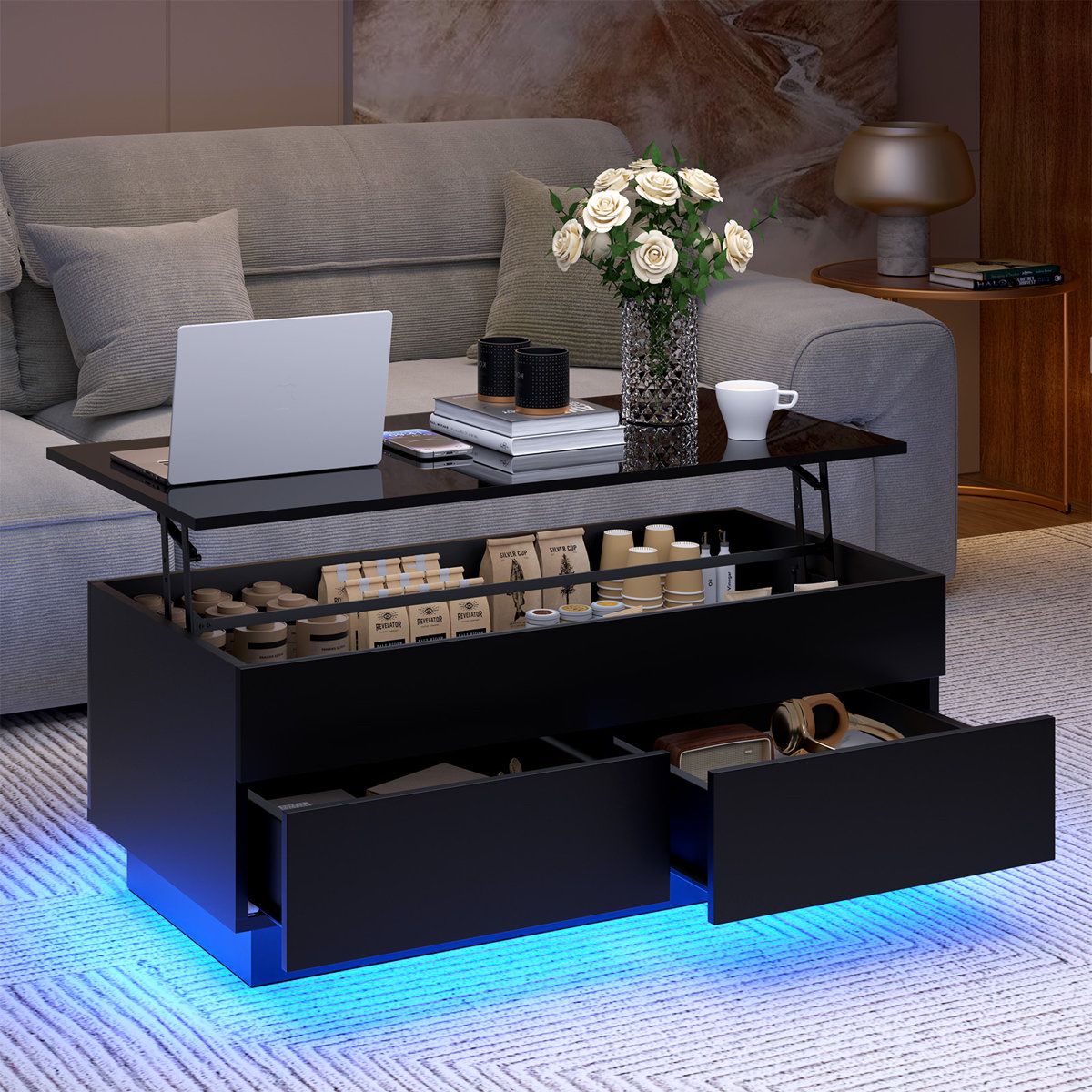 Modern Black Lift-Top Coffee Table with Storage, LED Lights, and Drawers - 220lbs Weight Limit /fully assembled