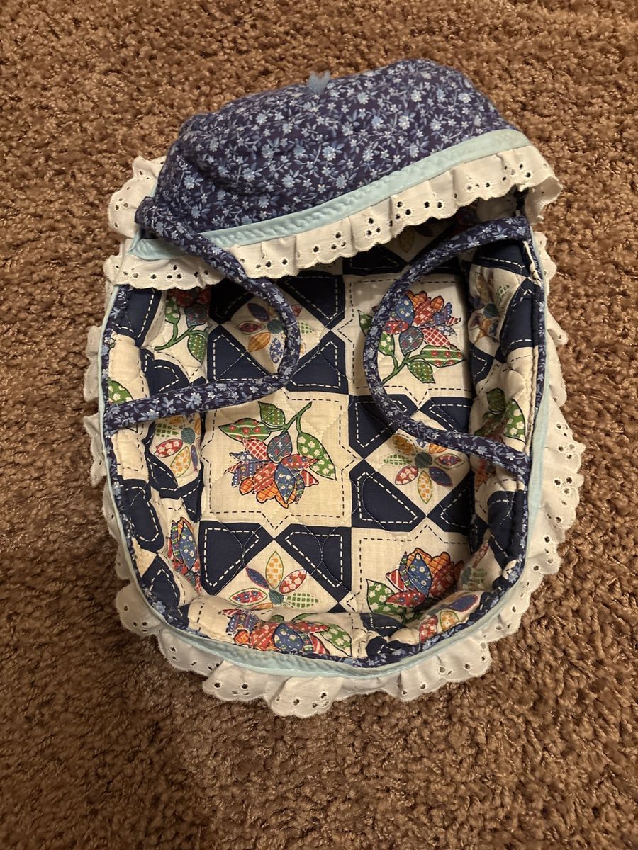Quilted Fabric Doll Moses Basket Carrier with Floral Patchwork Design
