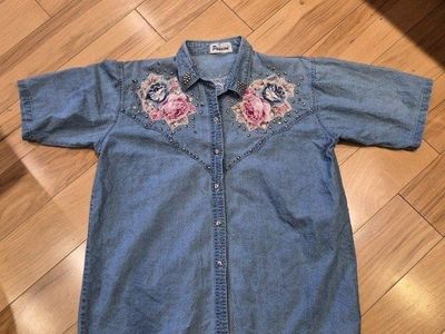 Vintage Denim Floral Embroidered Button-Up Shirt with Studs & Jewels - Size XL
