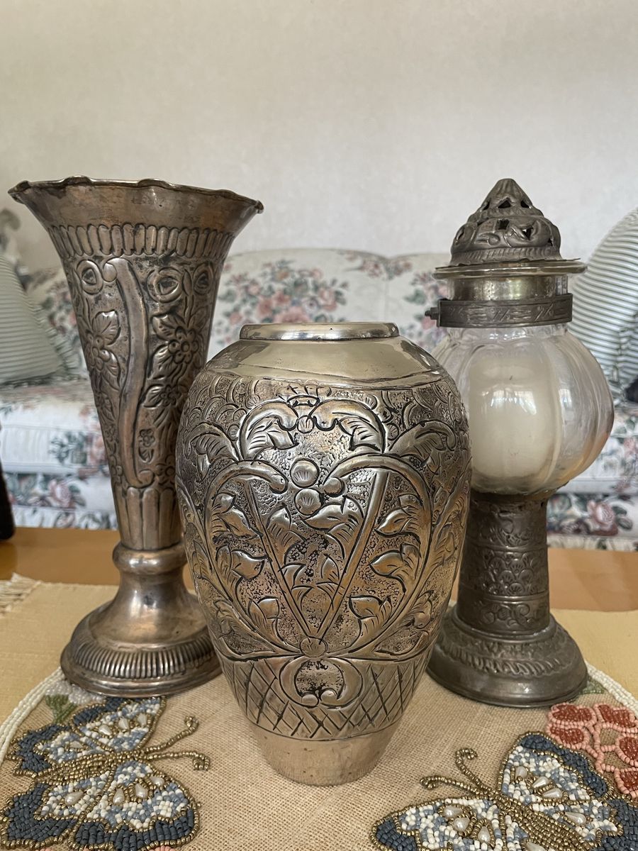 Vintage Hand-Embossed Metal Vases and Candle Holder Set - Ornate Floral Designs