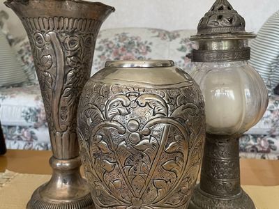 Vintage Hand-Embossed Metal Vases and Candle Holder Set - Ornate Floral Designs
