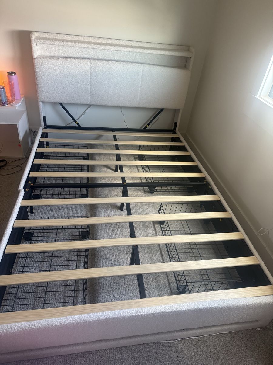 White Sherpa Full Size Platform Bed Frame with Headboard - Used Good Condition