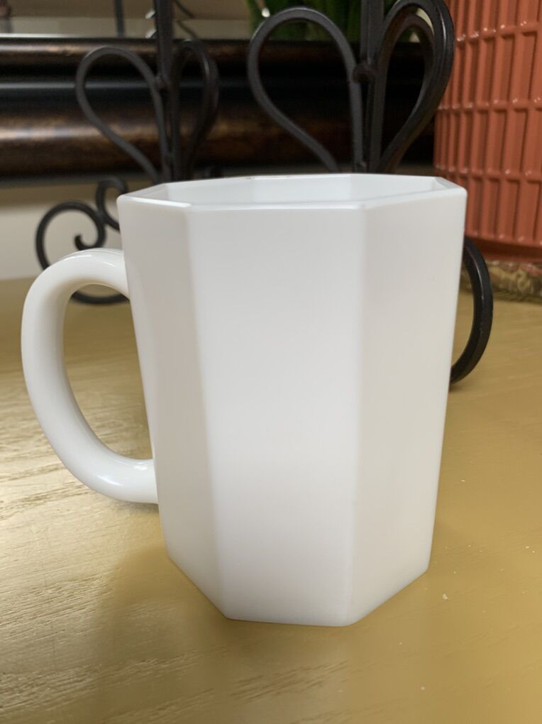 White Octagonal Milk Glass Mug by Arcoroc