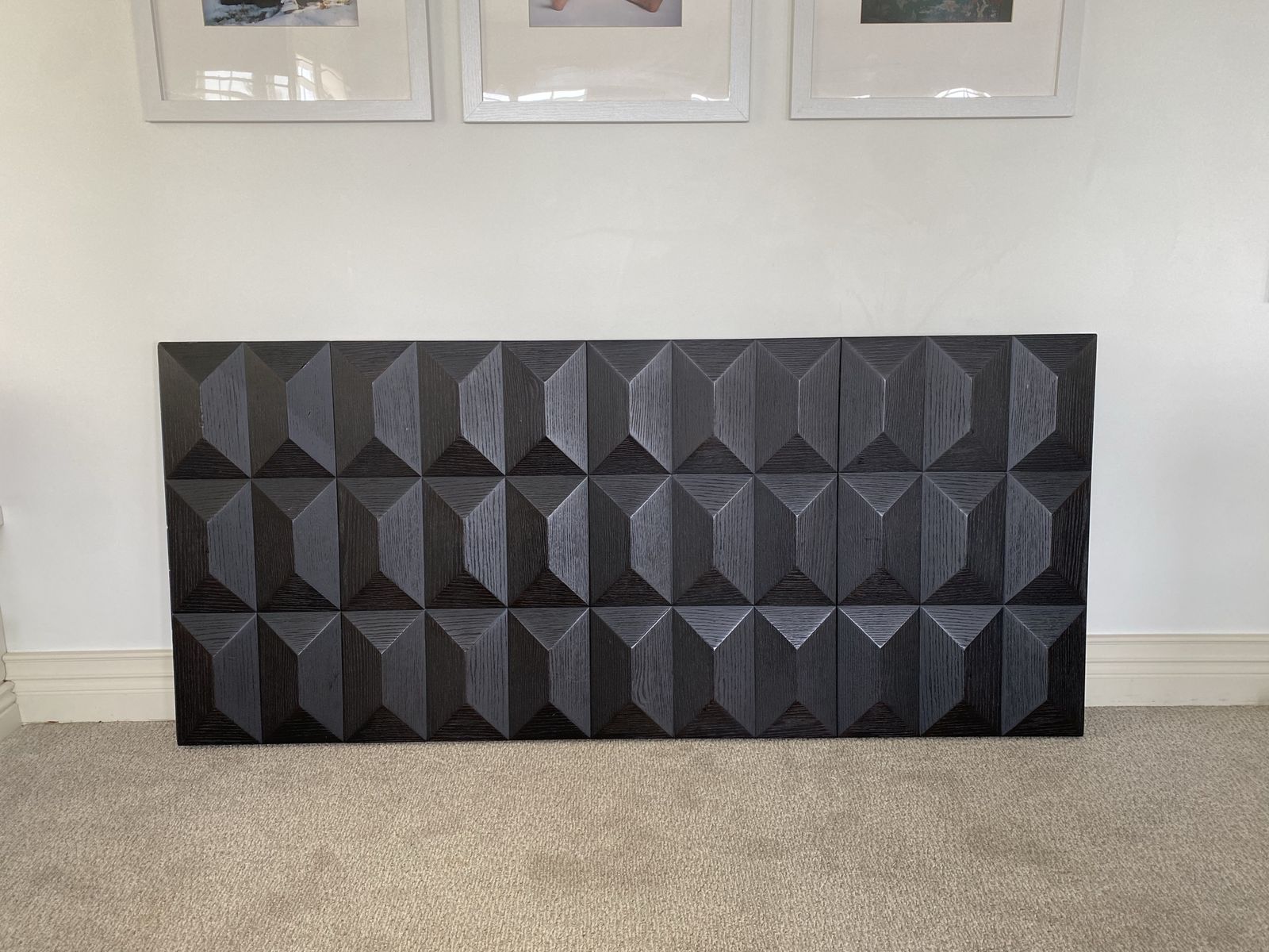 Geometric Dark Wood Wall Art Panel - 3D Textured Decor Queen headboard in black