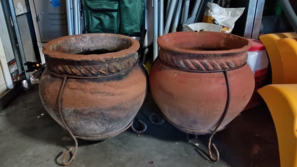 Rustic Clay Garden Pots with Metal Stands - Set of 2 Planters, Terracotta Finish