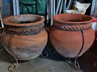 Rustic Clay Garden Pots with Metal Stands - Set of 2 Planters, Terracotta Finish