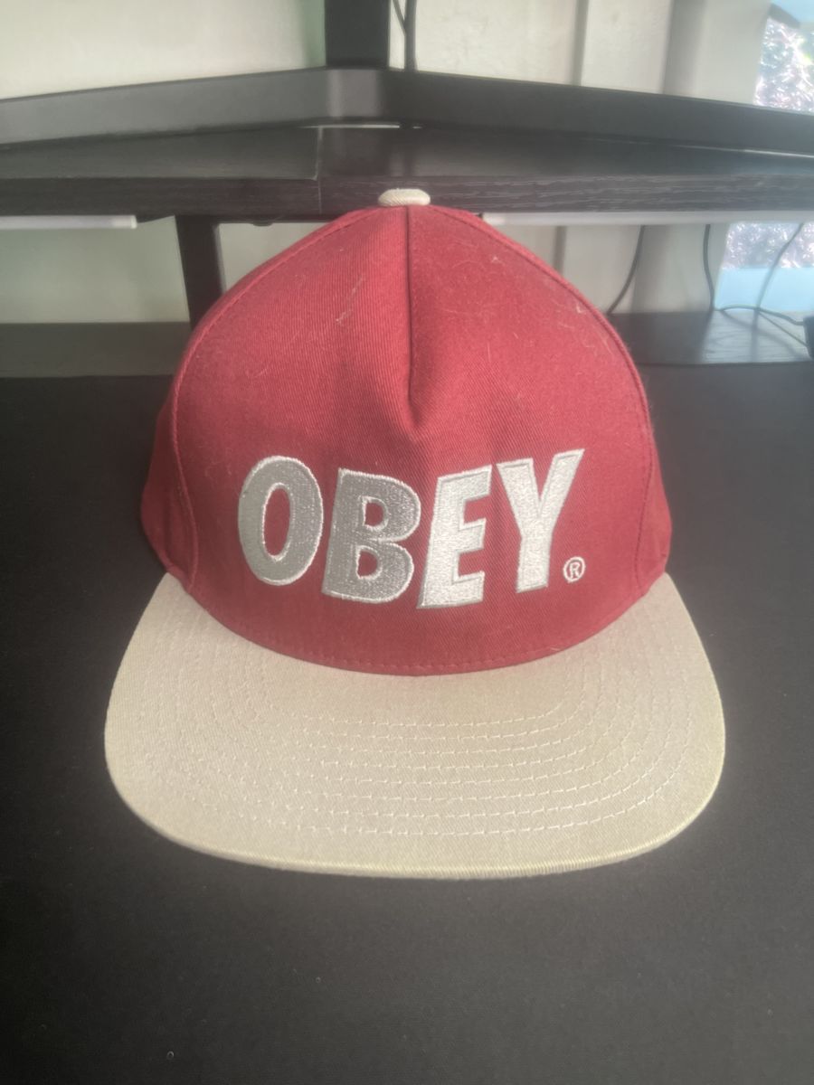 OBEY Red & Khaki Snapback Hat - Bold Logo Design, Adjustable, One Size Fits All