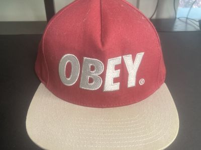 OBEY Red & Khaki Snapback Hat - Bold Logo Design, Adjustable, One Size Fits All