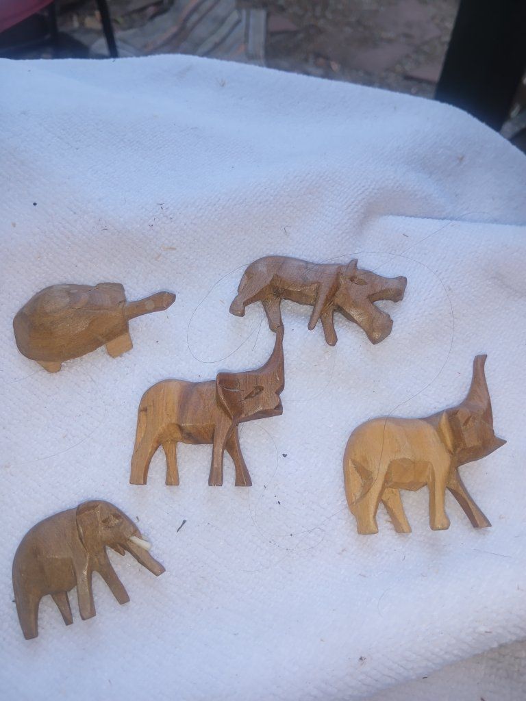 Hand-Carved Wooden Animal Figurines - 5 Piece Set (Elephants, Hippos, Turtle) Teak mid century folk art