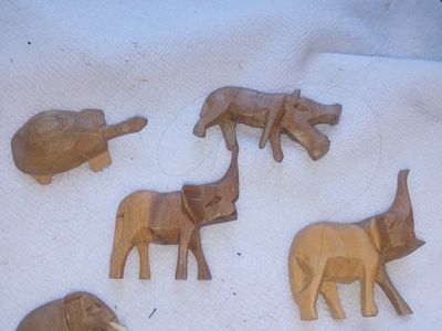 Hand-Carved Wooden Animal Figurines - 5 Piece Set (Elephants, Hippos, Turtle) Teak mid century folk art