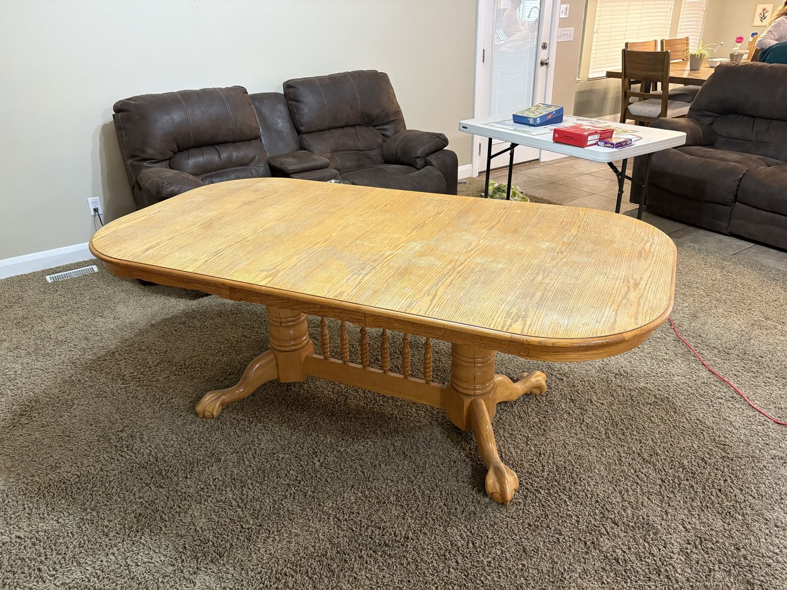 Oak Dining Table with Claw Foot Pedestal Base & 6 Spindle Back Chairs - Extendable Leaf