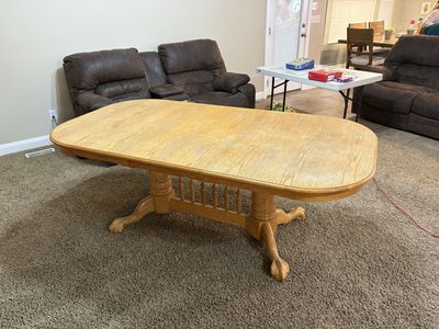 Oak Dining Table with Claw Foot Pedestal Base & 6 Spindle Back Chairs - Extendable Leaf