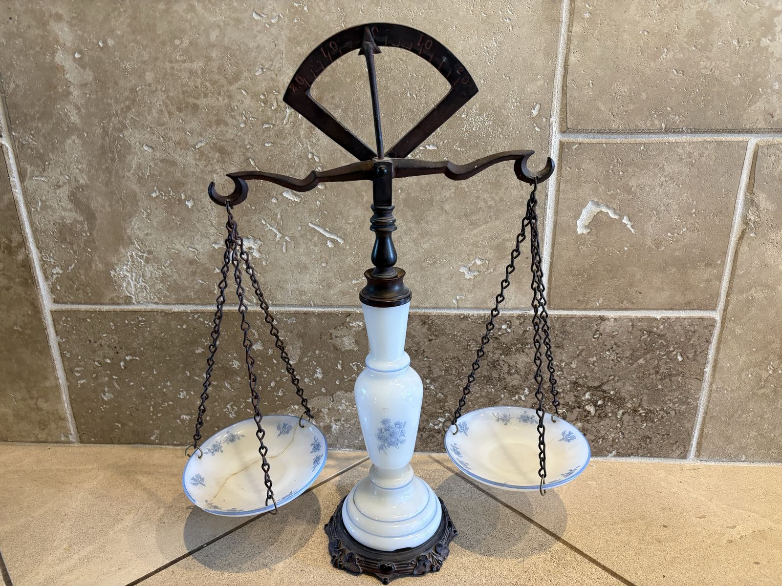 Vintage Milk Glass Balance Scale w/ Blue Flowers