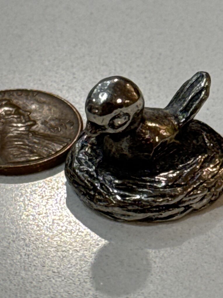 Vintage Pewter Bird in Nest Miniature 1”  $3